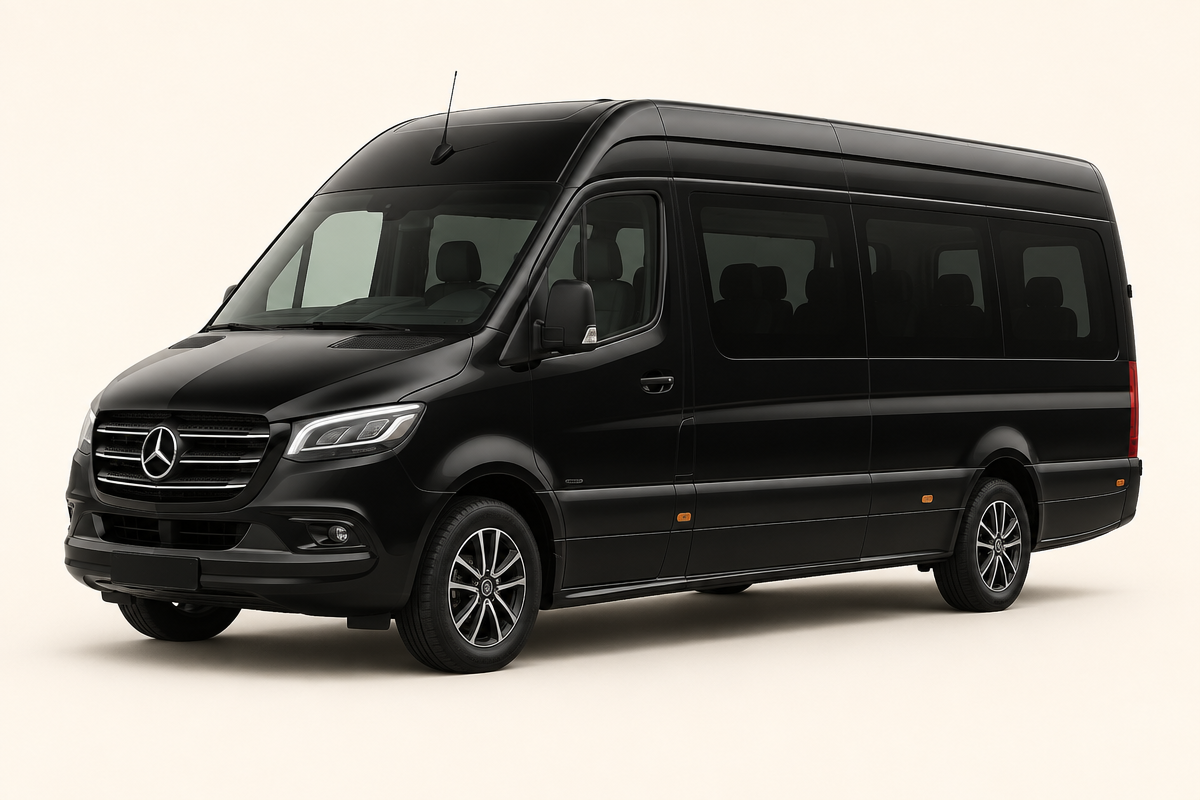 Latest-model black Mercedes-Benz Sprinter passenger van