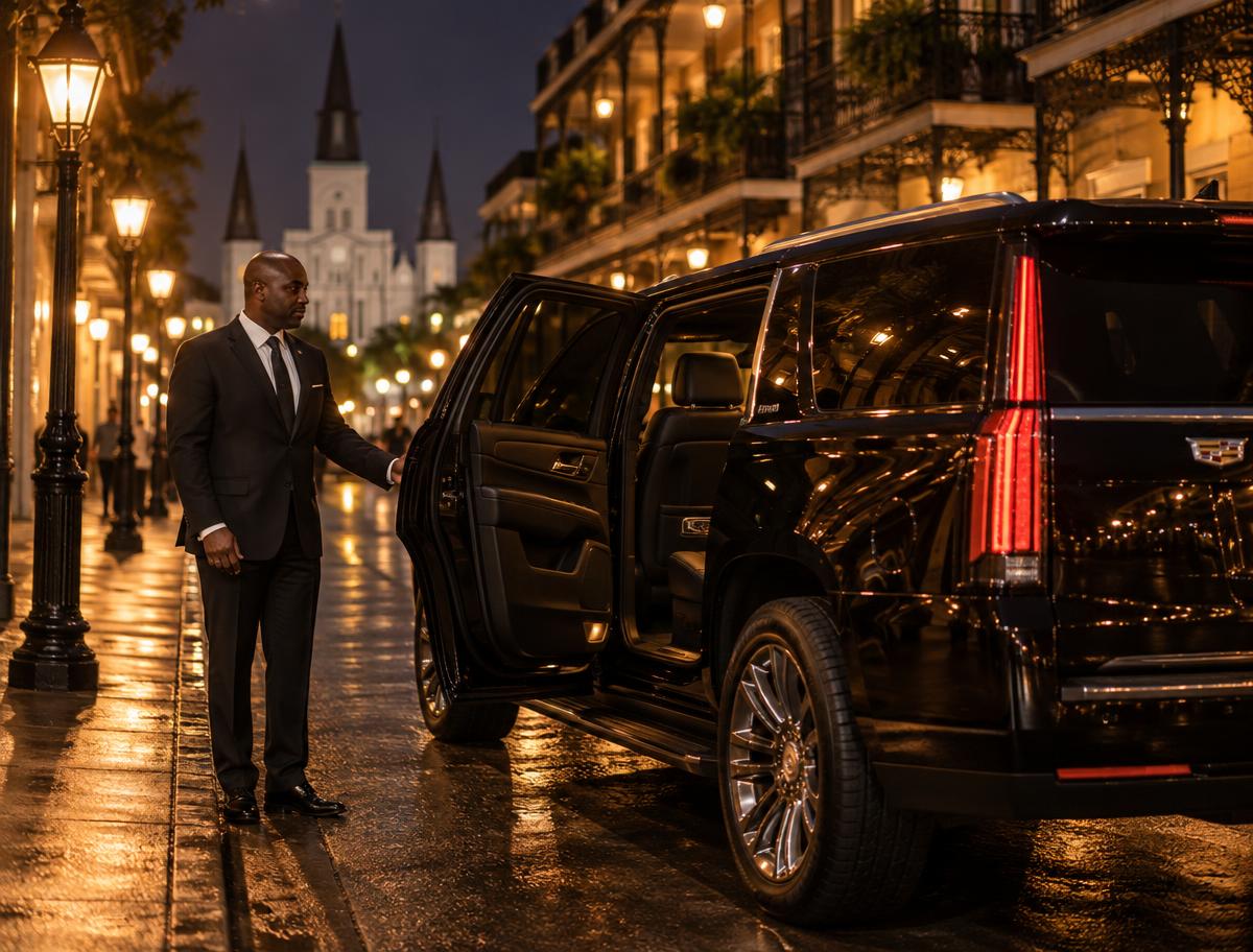 Limonola Next Level chauffeur opening the door of a black luxury SUV in New Orleans at night